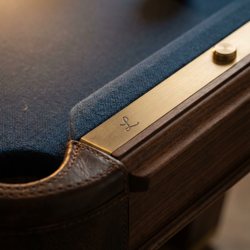 Photorealistic close-up of a handcrafted pool table corner showing premium finish details: leather pocket trim, metal inla...