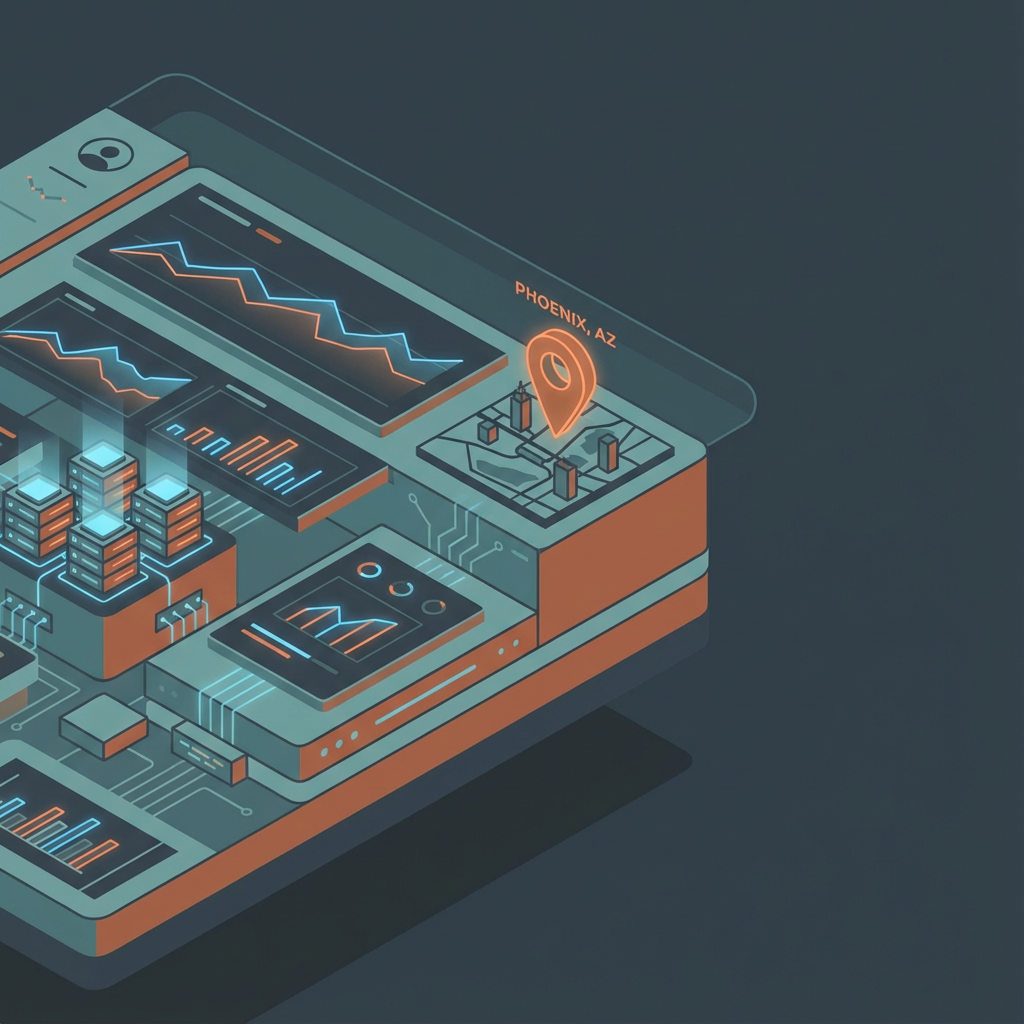 Close-up isometric illustration of a performance dashboard with graphs, server nodes and a Phoenix map pinpoint, modern mi...
