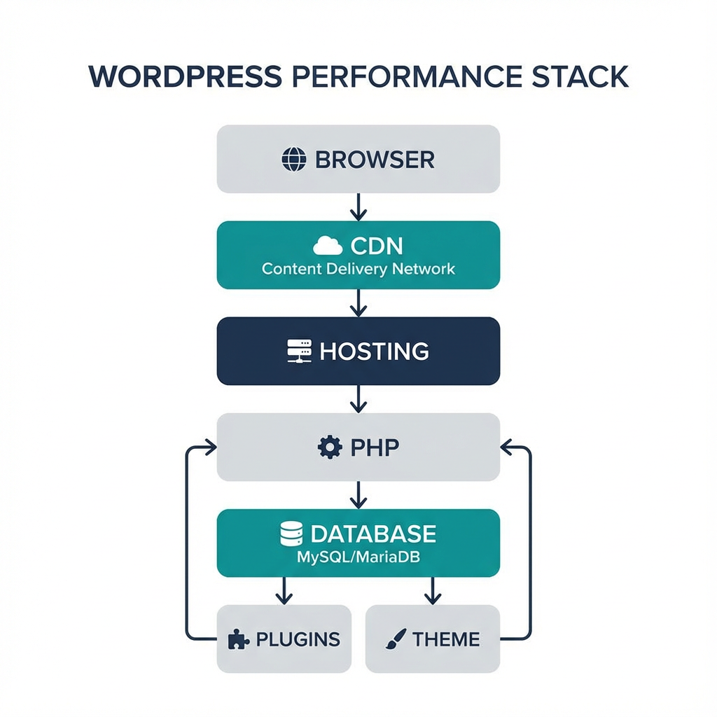 Modern infographic-style diagram showing WordPress performance stack, layers labeled Browser, CDN, Hosting, PHP, Database,...