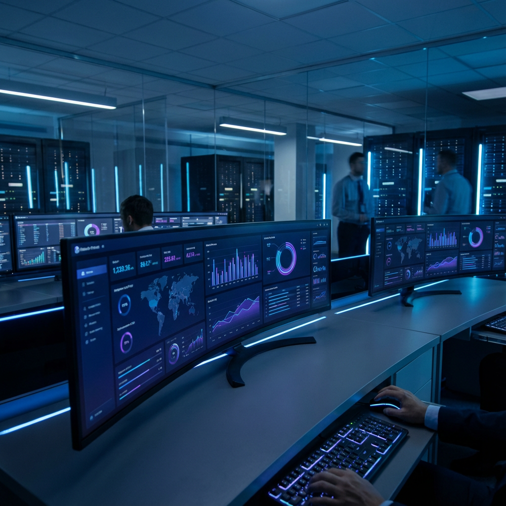 Close-up modern photo-realistic render of a data center control room with monitoring dashboards. Photorealistic style, cut...