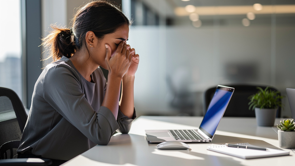 Professional experiencing digital eye strain at work desk