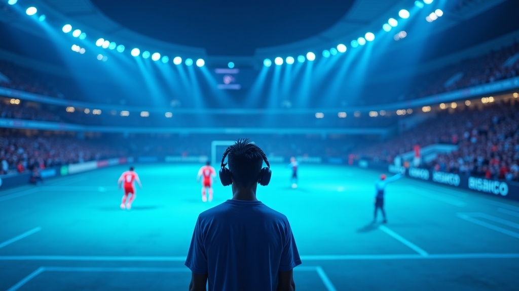 Jugador experimentando VS Soccer con gafas de realidad virtual