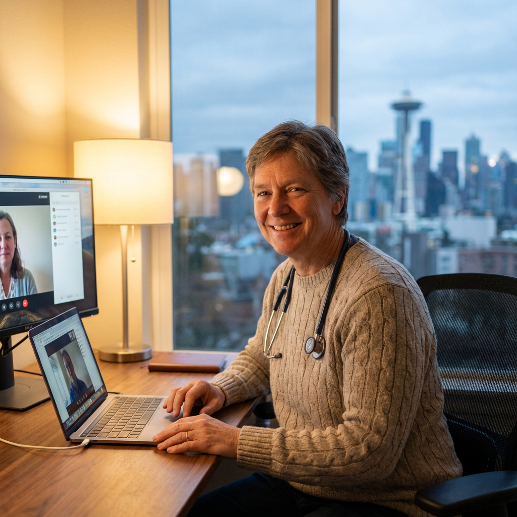Photorealistic, warm portrait of a smiling clinician in a telehealth session, modern home office with Seattle skyline hint...