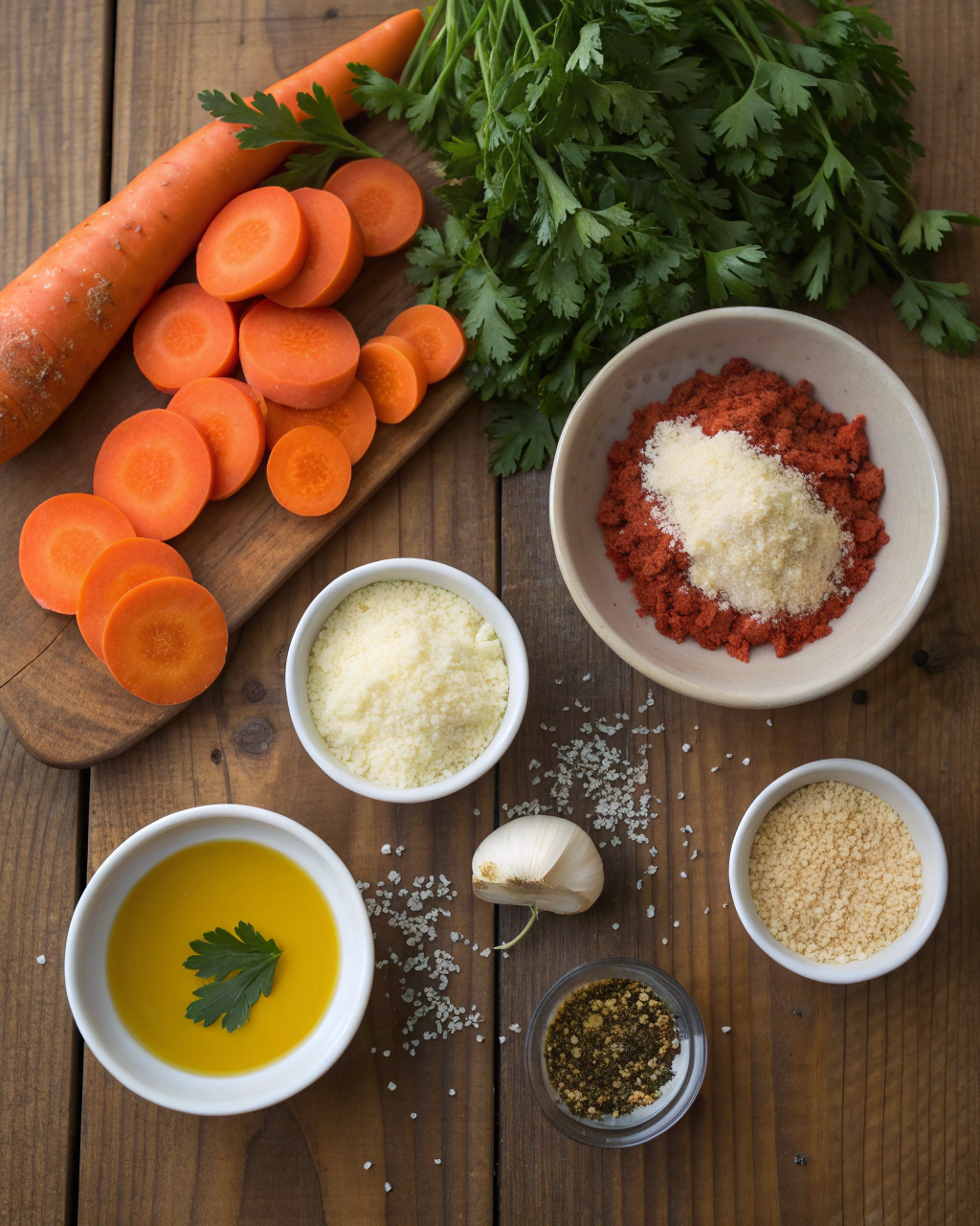 Fresh carrots, olive oil, Parmesan cheese, and spices arranged on a kitchen counter ready for making crispy smashed carrots