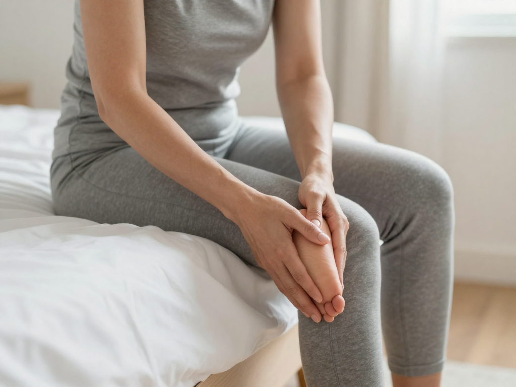 Photorealistic morning scene: adult sitting on edge of bed reaching down to hold heel in pain, soft natural light, neutral bedroom, no text, medical blog style, high resolution