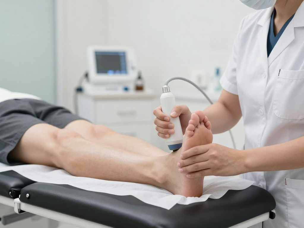 Photorealistic clinic scene: clinician applying shockwave therapy handheld device to patient's heel/sole while patient lies on exam table, modern wellness clinic, no logos, no text, high resolution