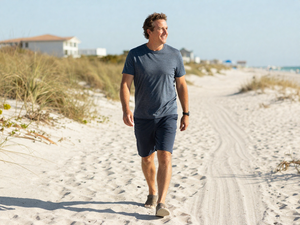 Photorealistic joyful scene: adult walking comfortably on a sunny Florida beach path near dunes, relaxed stride, bright morning light, no text, high resolution