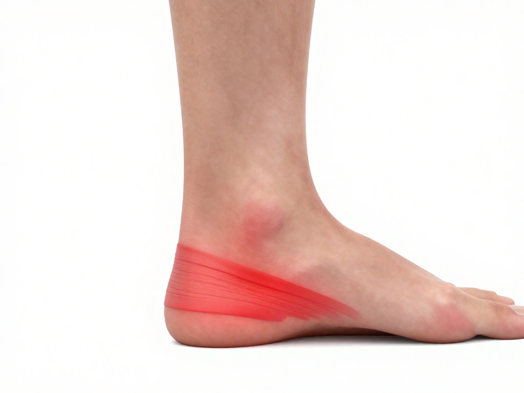 Clean medical illustration of plantar fasciitis: underside of foot showing plantar fascia band highlighted in red near heel, labeled-style look but with no text, white background, high resolution