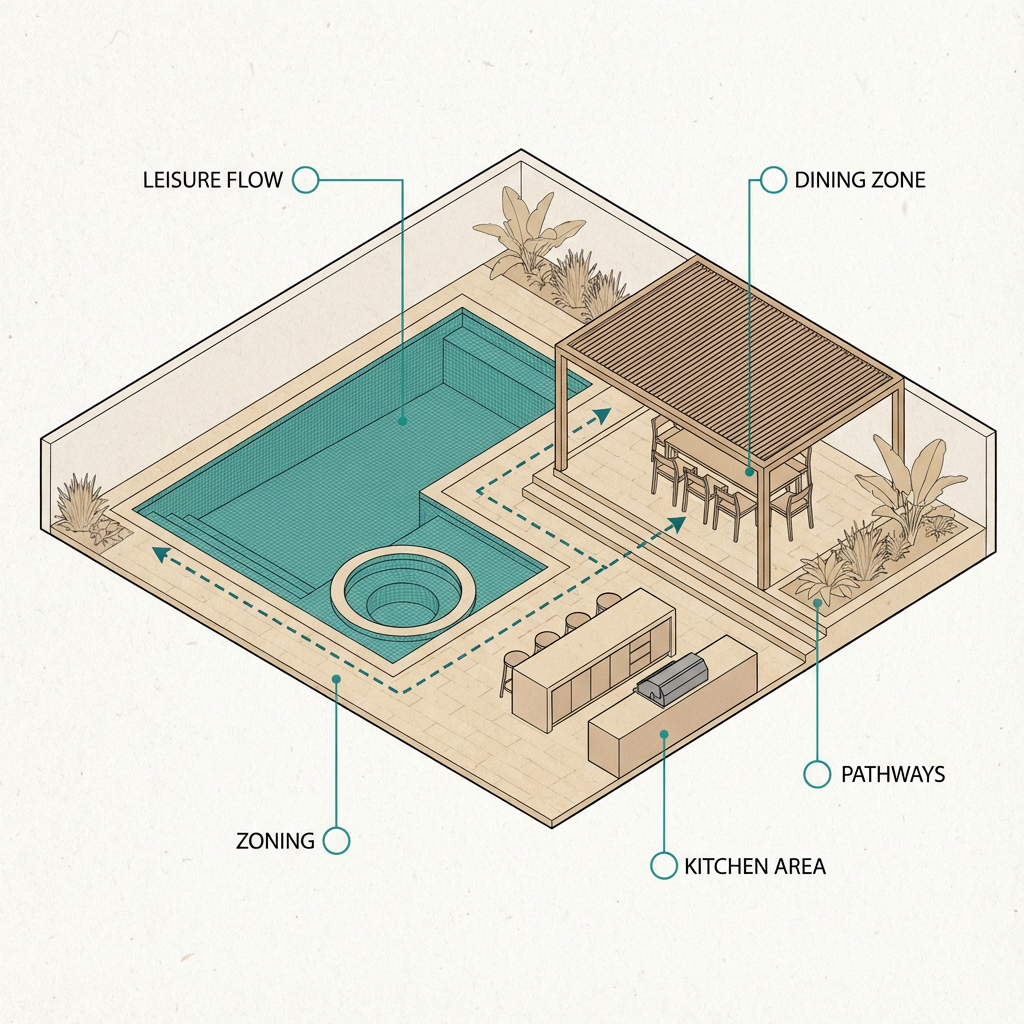Isometric architectural render of a backyard layout showing pool, spa, outdoor kitchen, dining terrace, and pergola. Clean...