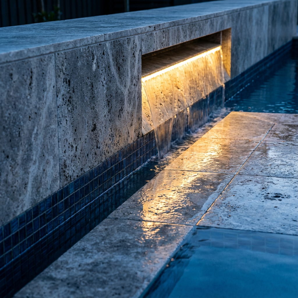 Photorealistic close-up of a gray travertine pool edge and waterline tiles, showing subtle LED lighting under a waterfall ...
