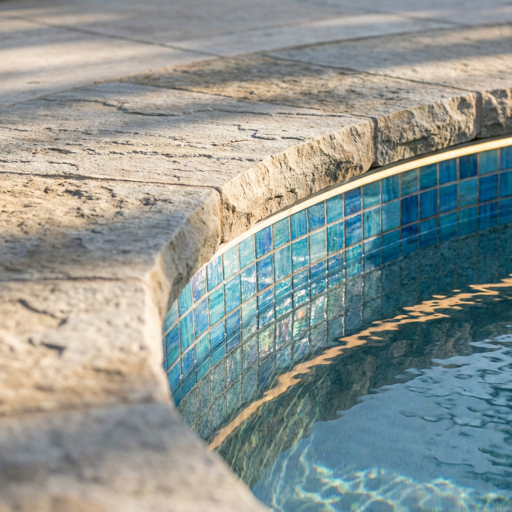 Close-up photorealistic render of a spool edge showing textured natural stone coping, artisan tile waterline with shimmeri...