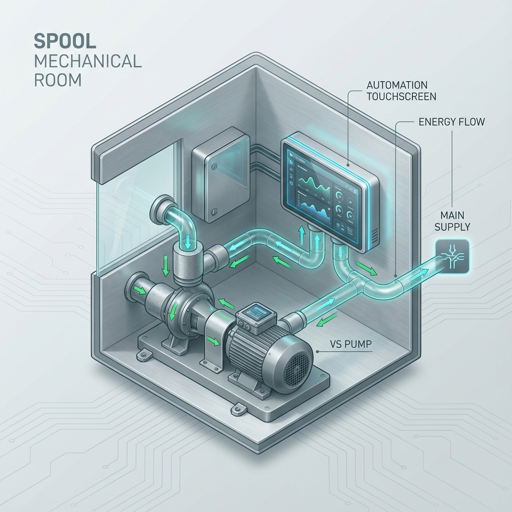 Isometric infographic-style photorealistic illustration showing a spool’s mechanical room, variable-speed pump, automation...