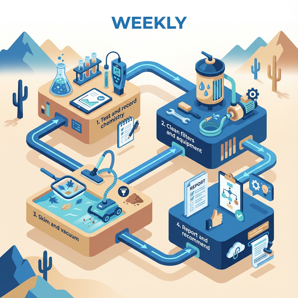 Isometric, clean infographic style showing a 4-step weekly maintenance workflow: 1. Test and record chemistry, 2. Clean fi...
