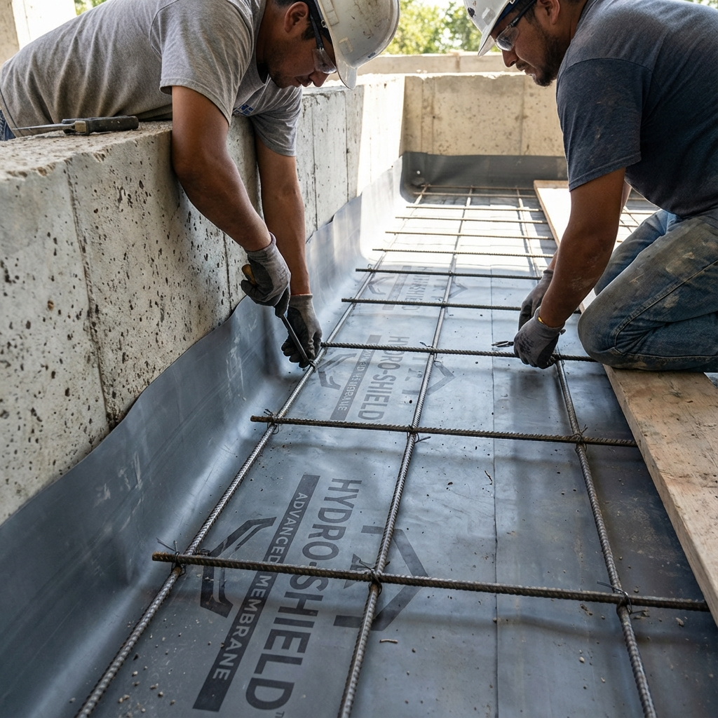 Close-up photorealistic image of craftsmen installing new rebar and advanced waterproof membrane inside a pool shell, natu...