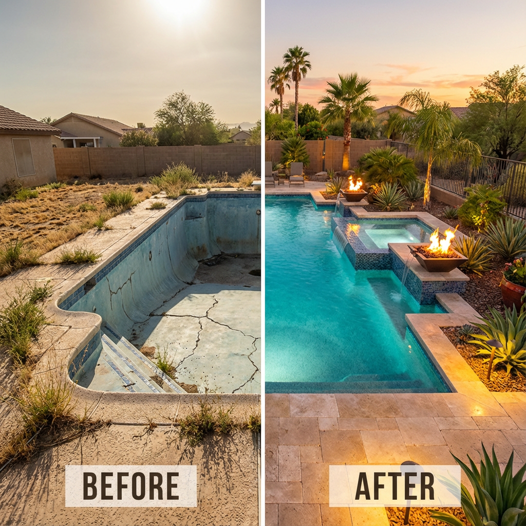 Panoramic before-and-after split image showing a dated cracked pool on the left and a rebuilt luxury pool with spa, fire f...