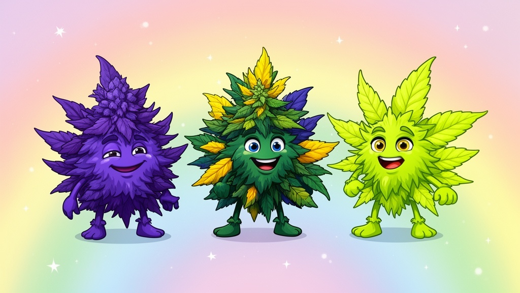Three cartoon cannabis characters showing different strain personalities