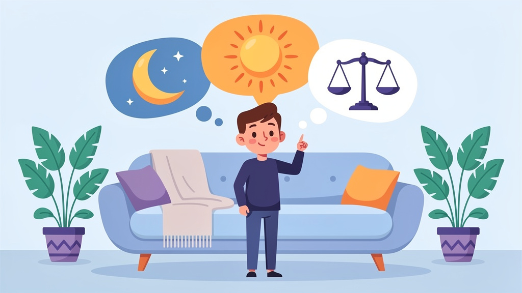 Cartoon character contemplating different cannabis strain effects