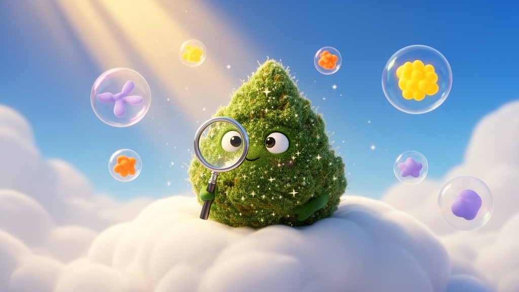 Cartoon cannabis bud examining quality with magnifying glass