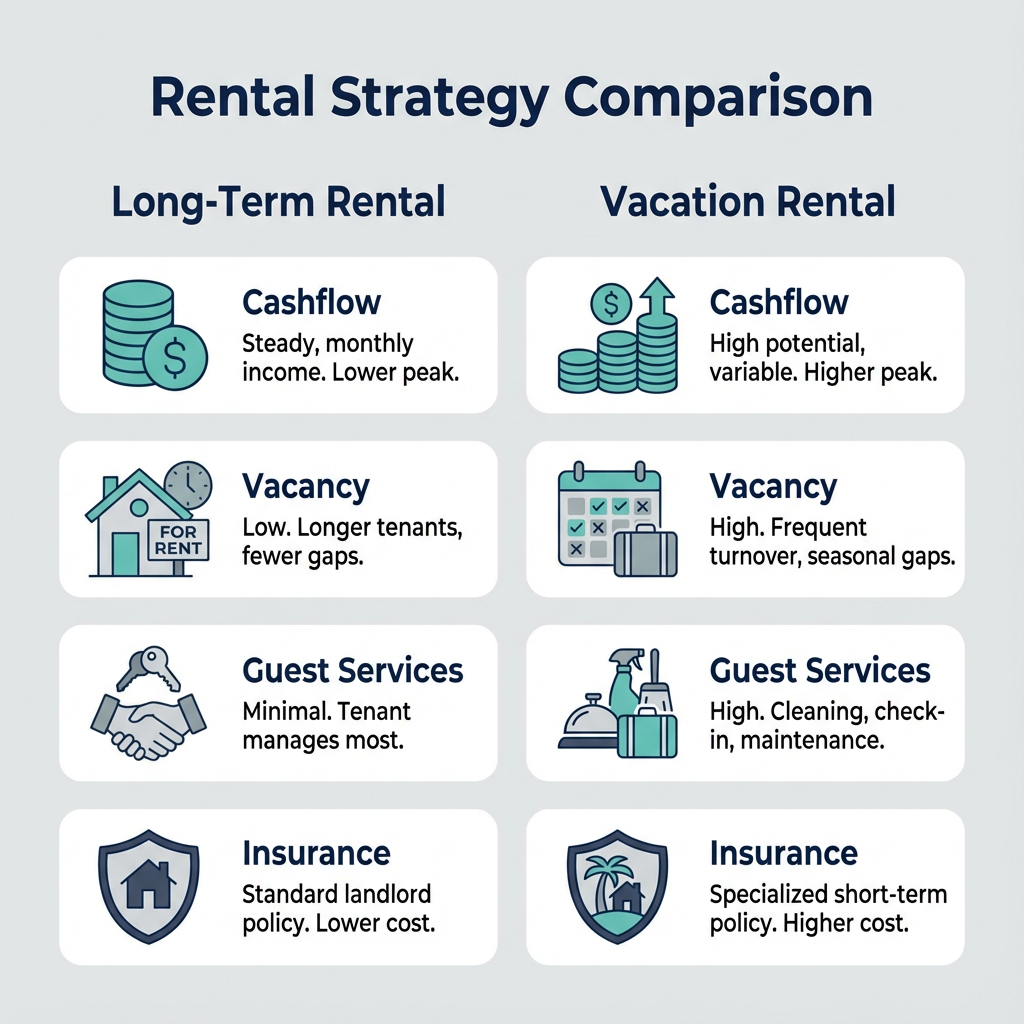 Infographic style comparison chart, modern flat-design, clean and minimal layout. Two columns titled Long-Term and Vacatio...