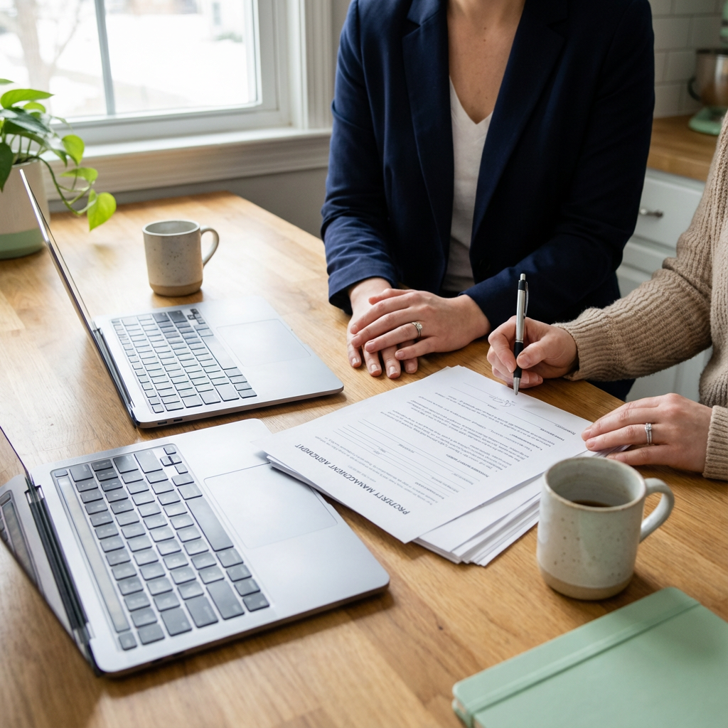 Close-up, photorealistic shot of a property manager meeting with an owner at a kitchen table, contract and laptop visible,...