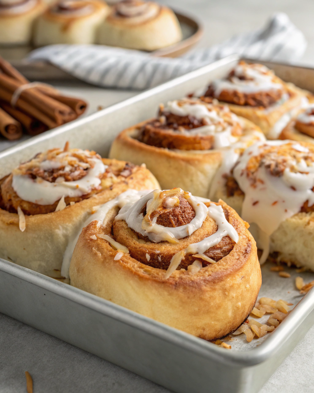 Ultimate Coconut Cinnamon Rolls ingredients arranged on marble countertop including coconut flakes, spices, and dough components