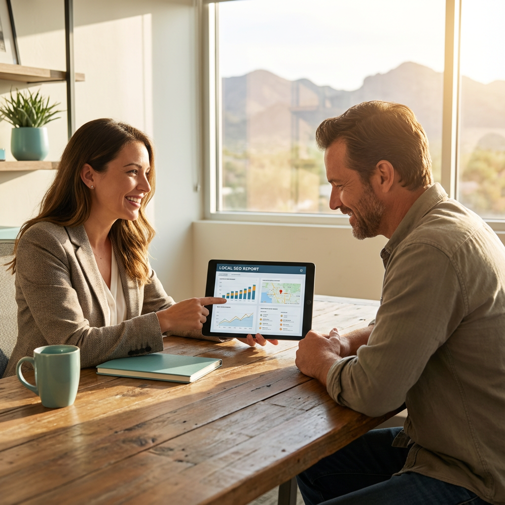 A friendly, professional photo-style image of a consultant reviewing a local SEO report with a small business owner in a b...