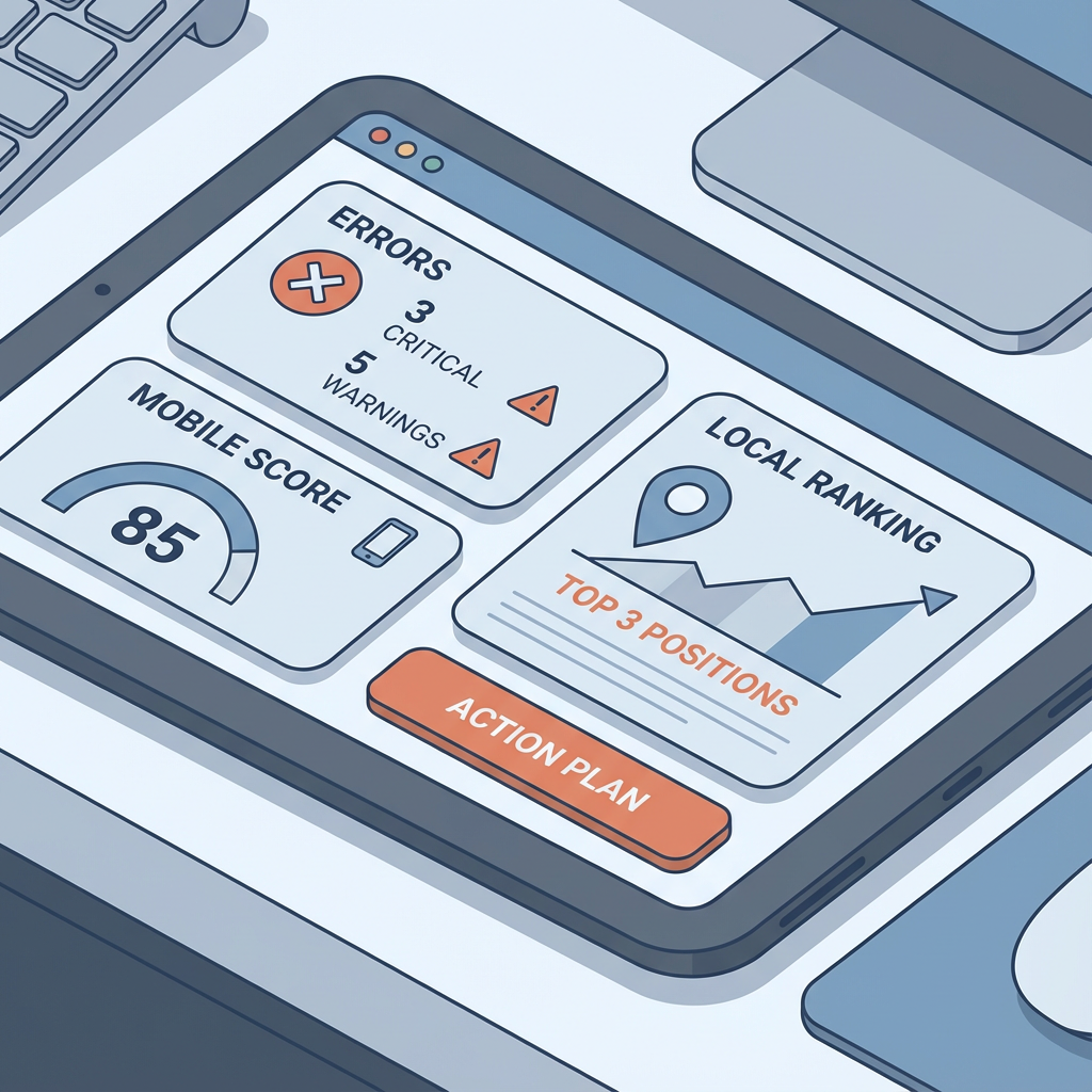 Close-up isometric illustration of a website audit dashboard on a tablet screen, showing errors, mobile score, and local r...