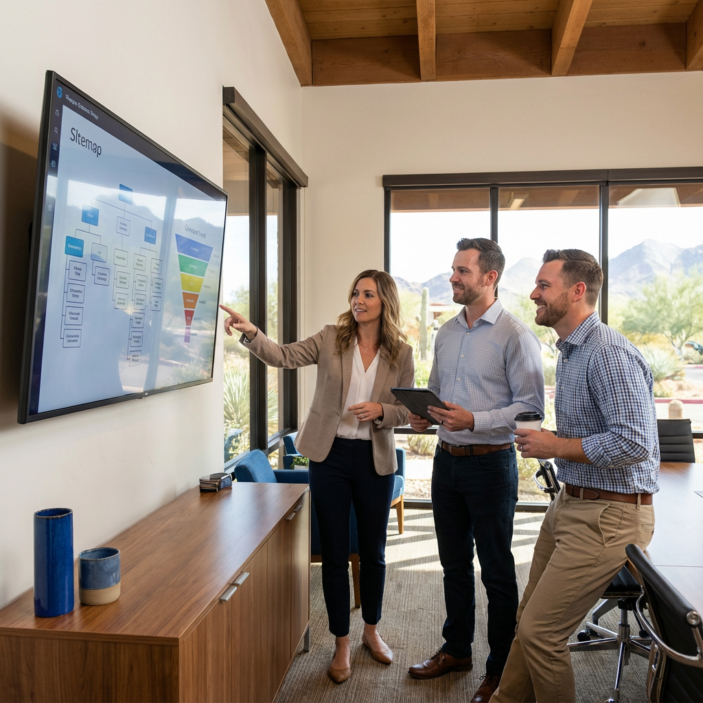 Corporate Web Design Checklist B2B: 12 Steps to High-Converting Sites 2 A photographic-style composition of a small team reviewing wireframes and analytics on a large monitor in a bright Scottsd...