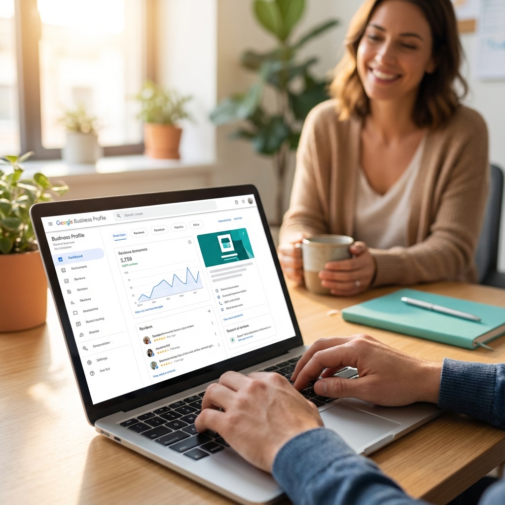 Best Way to Optimize Google Business Profile for Local Visibility 3 Photorealistic scene of a small business owner reviewing a Google Business Profile on a laptop in a bright office, warm na...