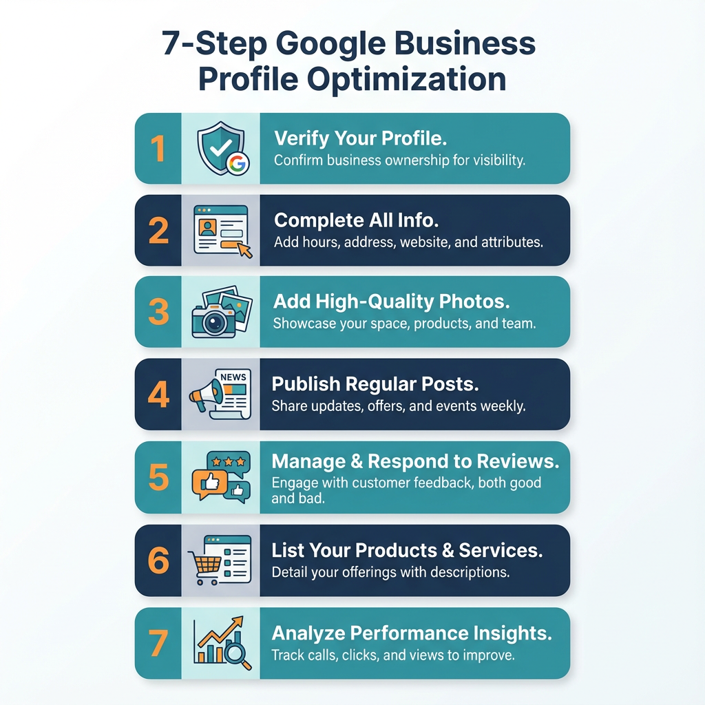 Best Way to Optimize Google Business Profile for Local Visibility 2 Clean infographic style visual showing a 7-step checklist for Google Business Profile optimization, modern vector icons fo...