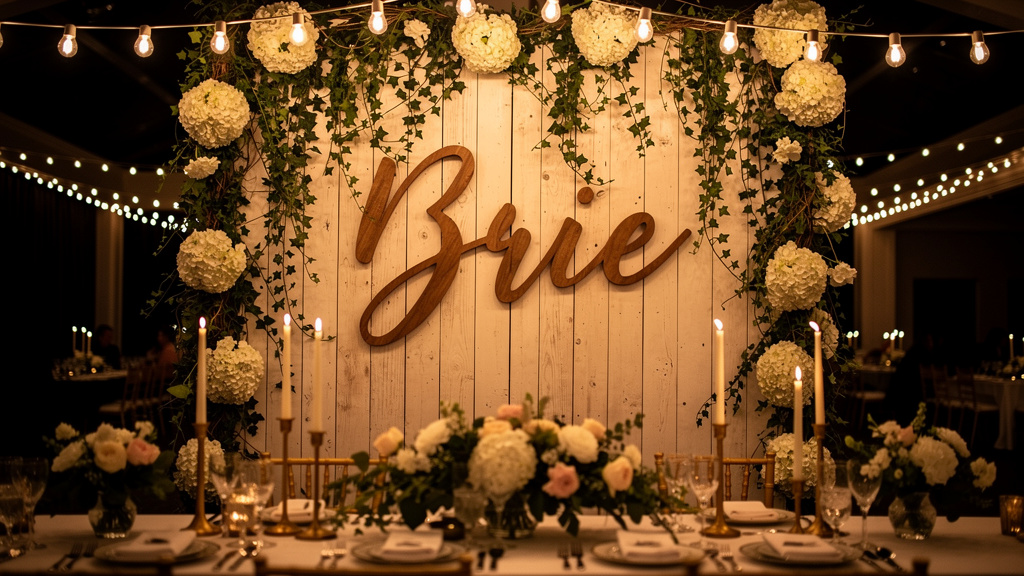 Large wooden letter backdrop at wedding reception