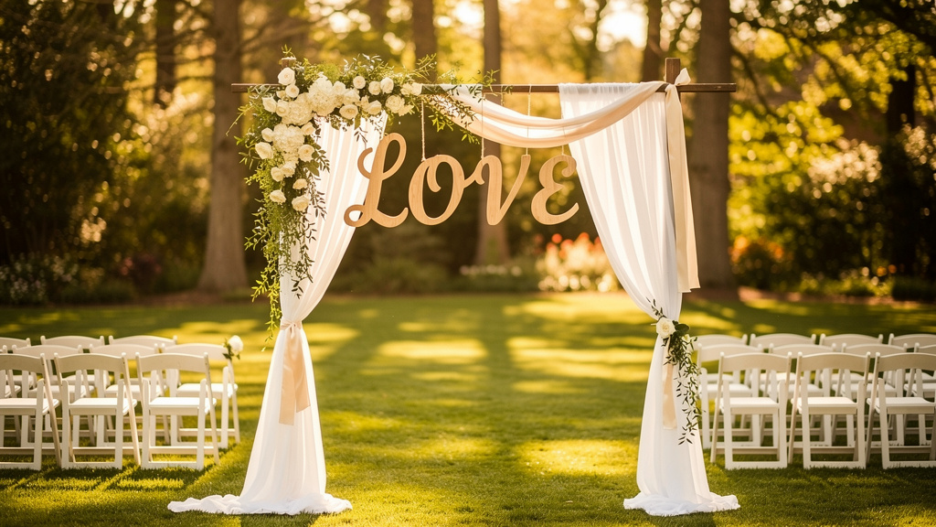 Hanging wooden letter garland at outdoor wedding
