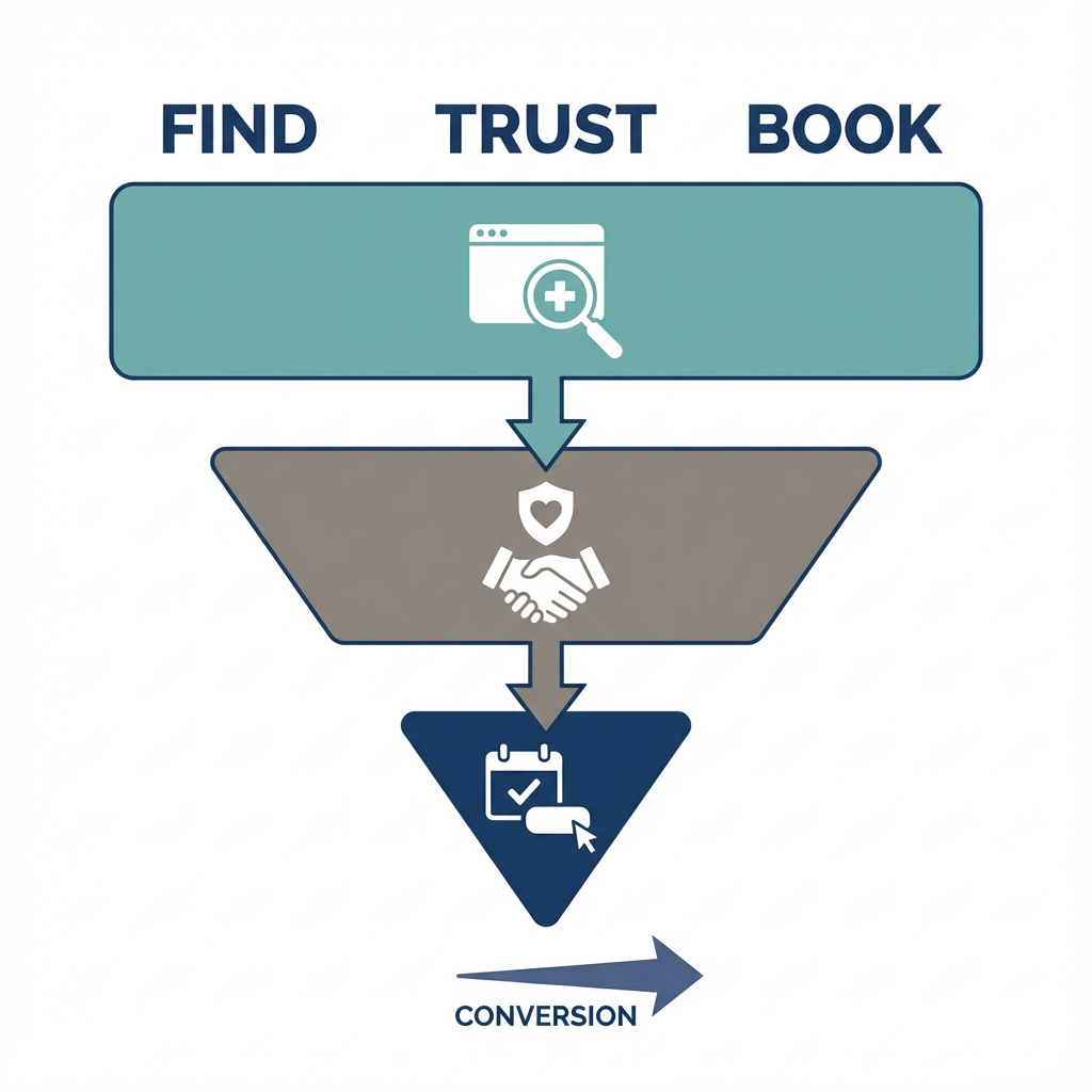 Minimalist infographic style illustration showing a three-step conversion funnel for medical websites: Visit, Trust, Book....