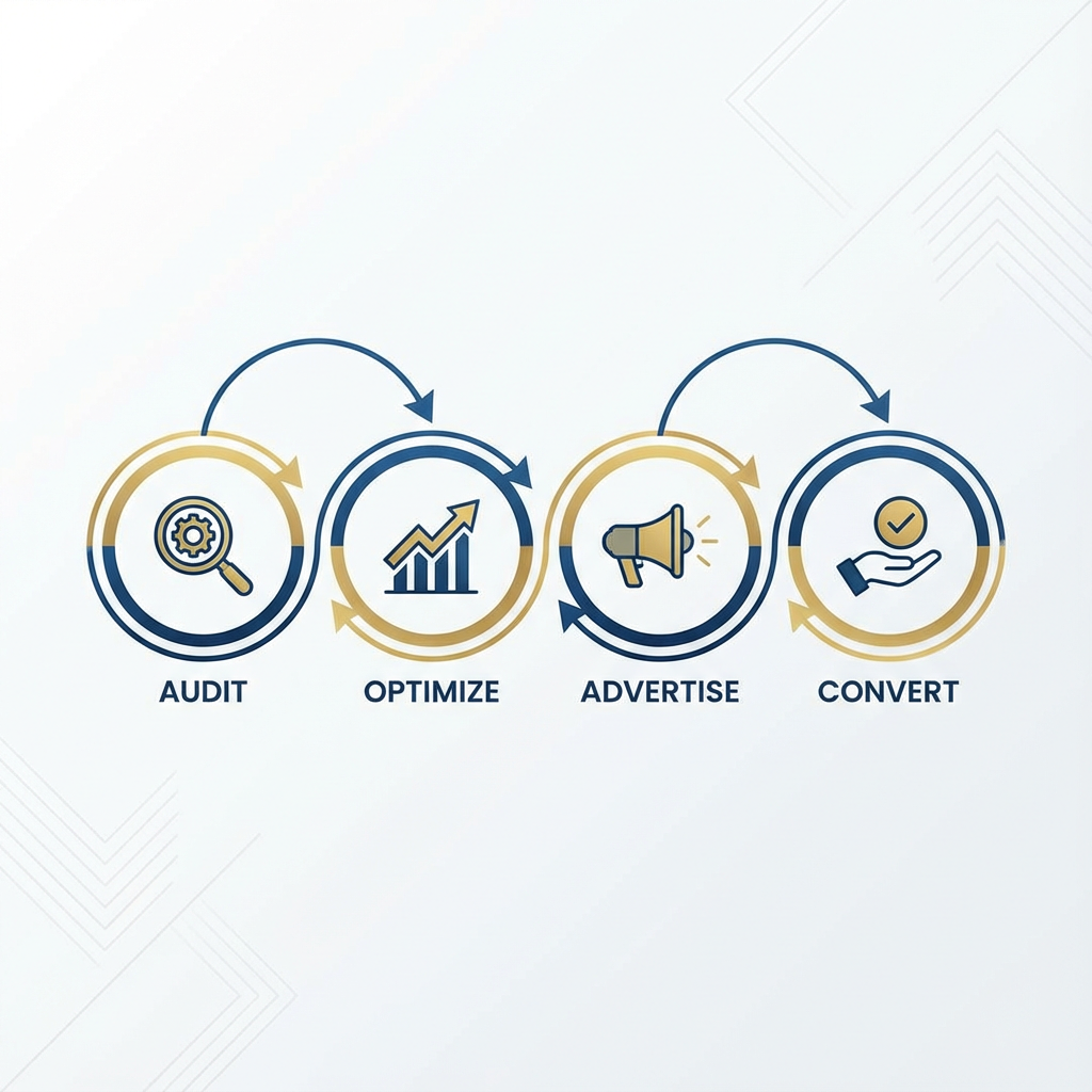 Stylized process diagram showing 4 steps: Audit, Optimize, Advertise, Convert. Minimalist vector design, modern illustrati...