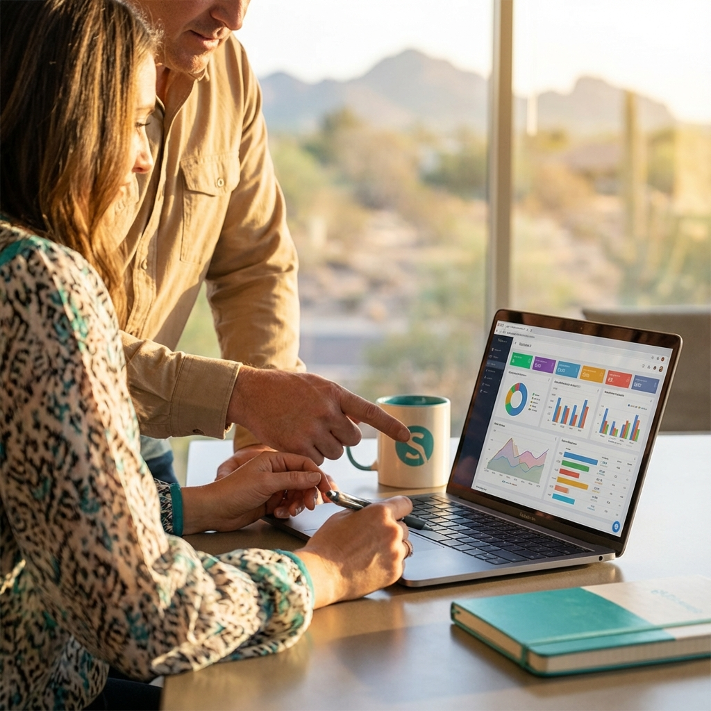 Close-up, professional photo of a Scottsdale small business owner reviewing a laptop with a consultant. Photorealistic sty...