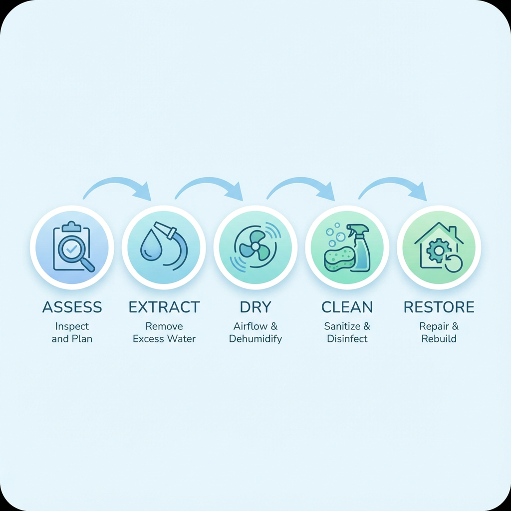 Clean diagram-style infographic showing the five-step restoration process: assess, extract, dry, clean, restore; modern fl...