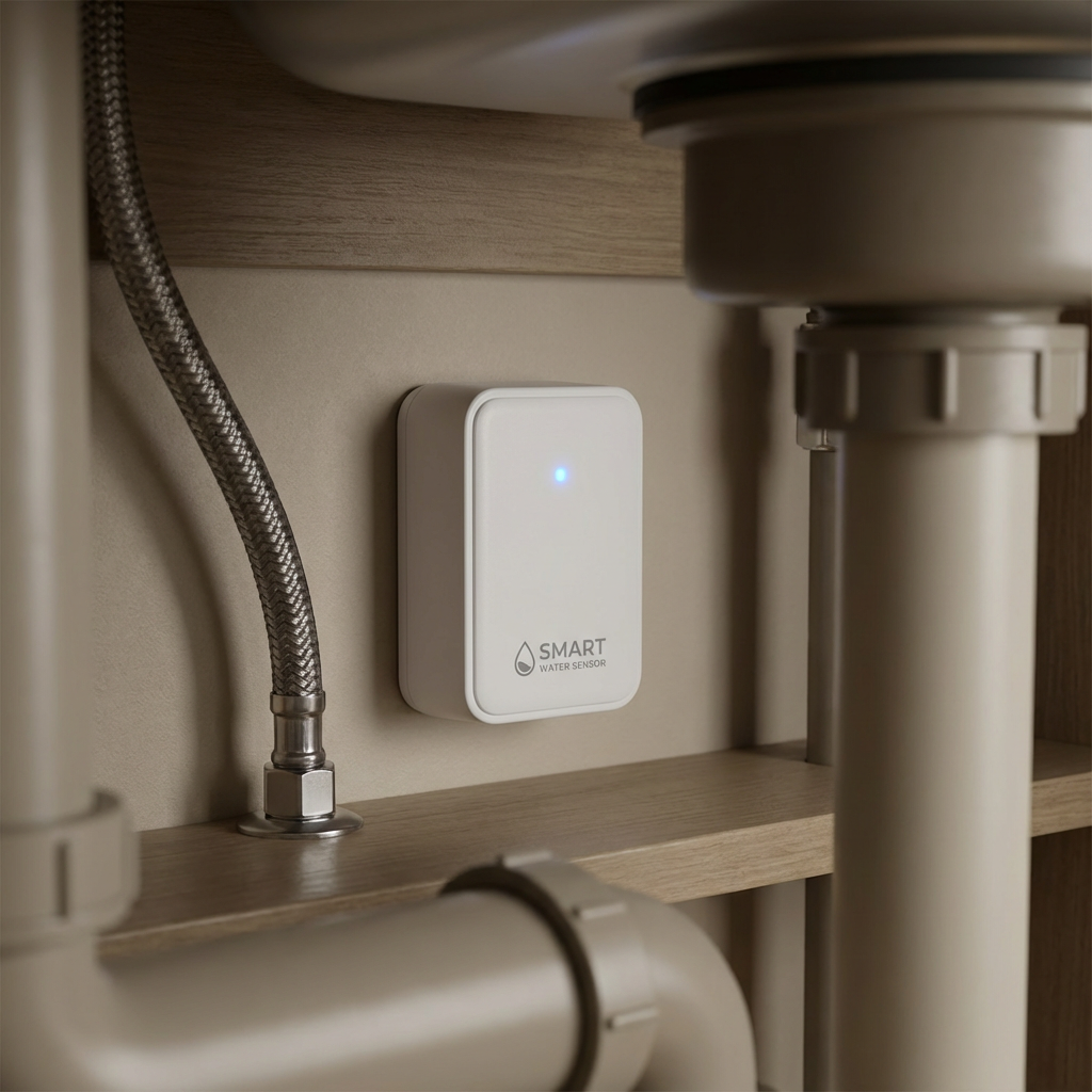 Photorealistic close-up of a wall-mounted water sensor under a sink in a modern kitchen, neutral tones with a single blue ...