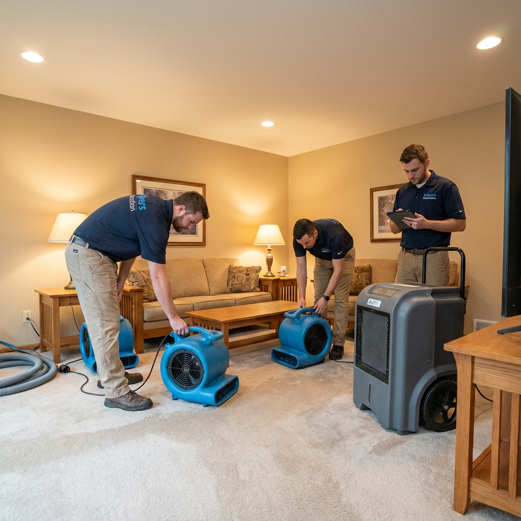 Photorealistic scene of a Helpers Restoration crew placing air movers and a commercial dehumidifier in a living room after...