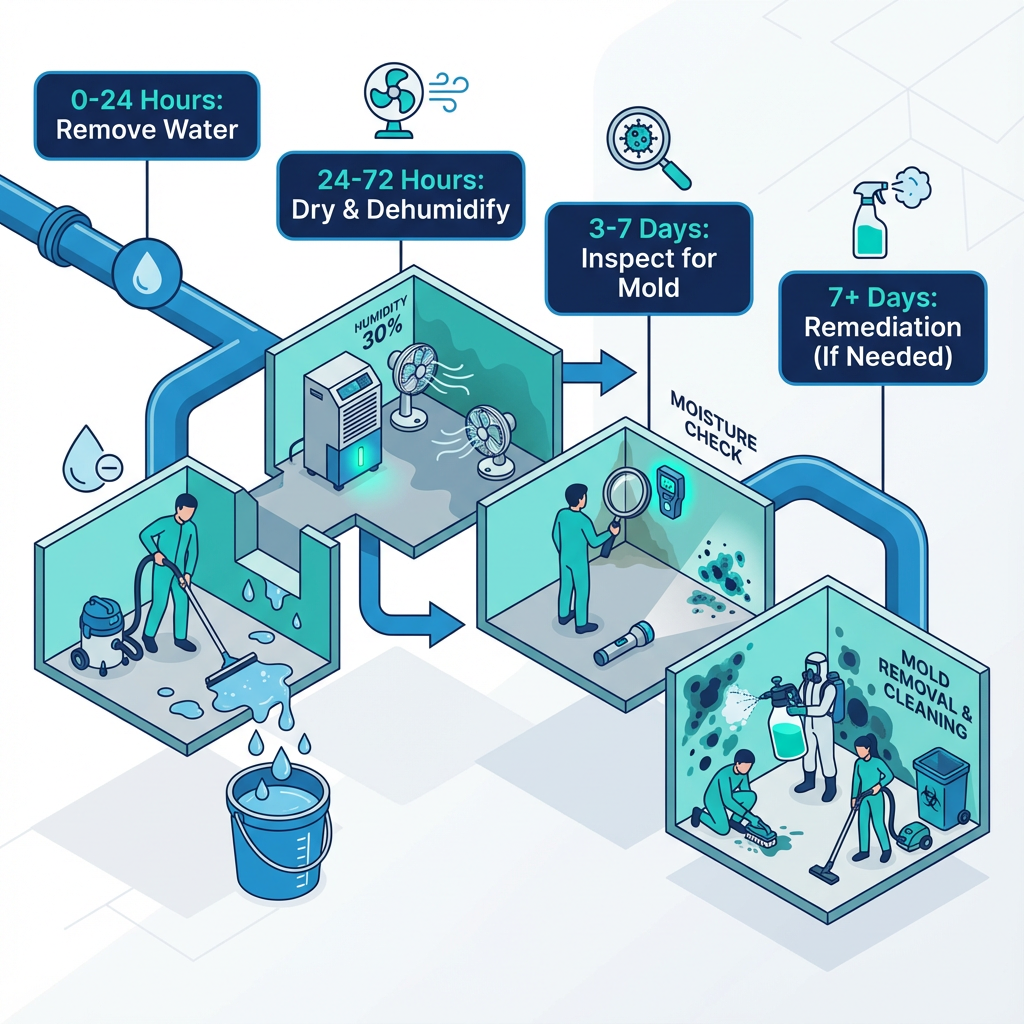 Isometric infographic showing a timeline after a water leak: 0-24 hours (remove water), 24-72 hours (dry & dehumidify), 3-...
