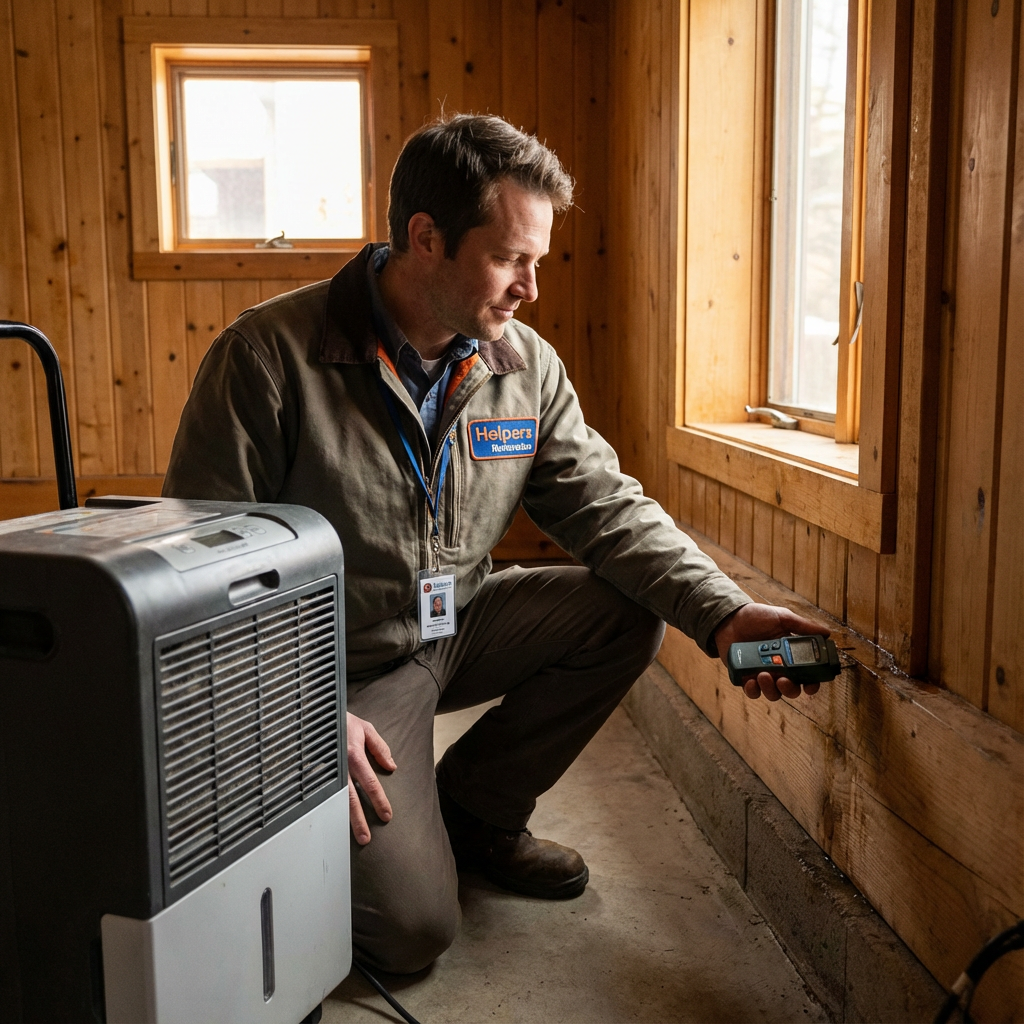 Photorealistic shot of a Helpers Restoration technician using a dehumidifier and moisture meter in an Aspen basement, warm...