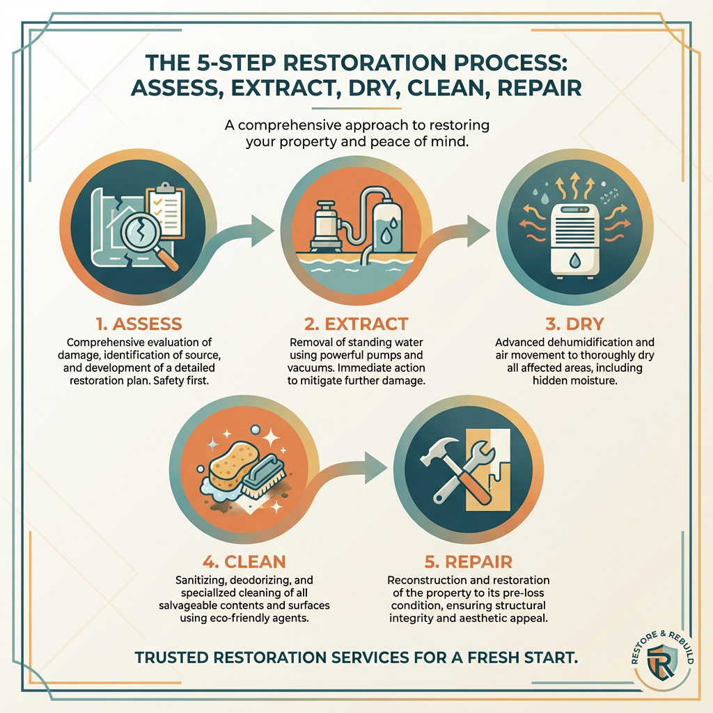 Informational infographic style image showing the 5-step restoration process: Assess, Extract, Dry, Clean, Repair; modern ...