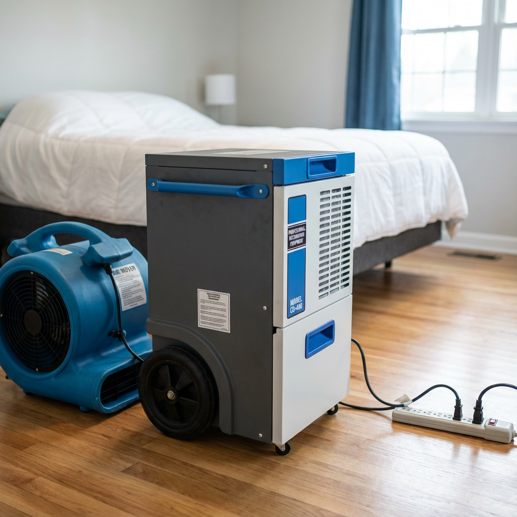 Close-up, photorealistic view of an industrial dehumidifier and drying fan set up in a Carbondale bedroom, shallow depth o...