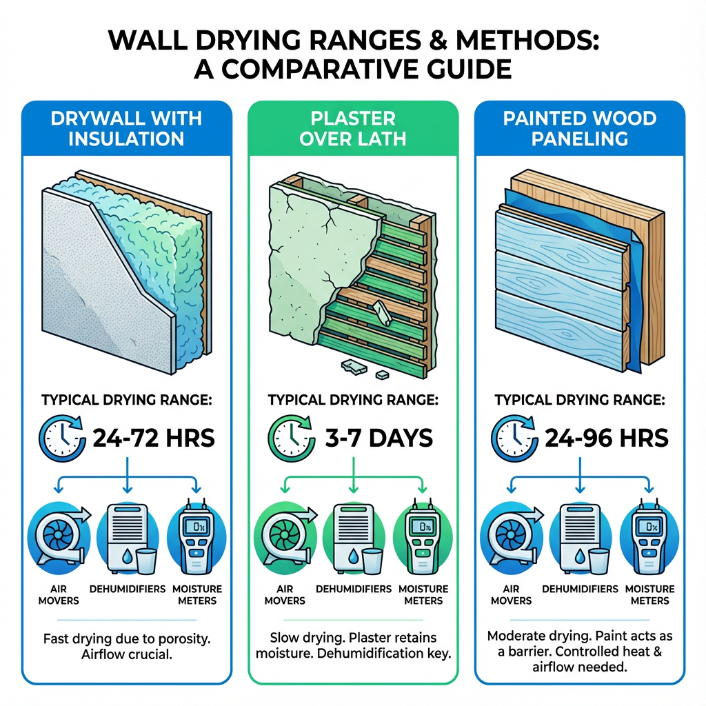 An infographic-style, minimalist diagram showing three wall types side-by-side: drywall with insulation, plaster over lath...