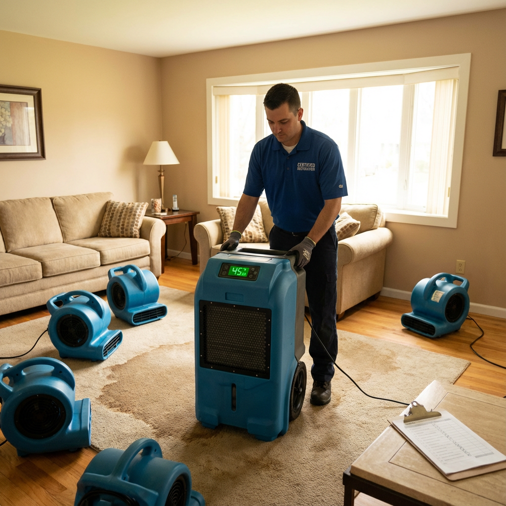Photorealistic shot of a certified restoration technician setting up an industrial dehumidifier and directional air movers...