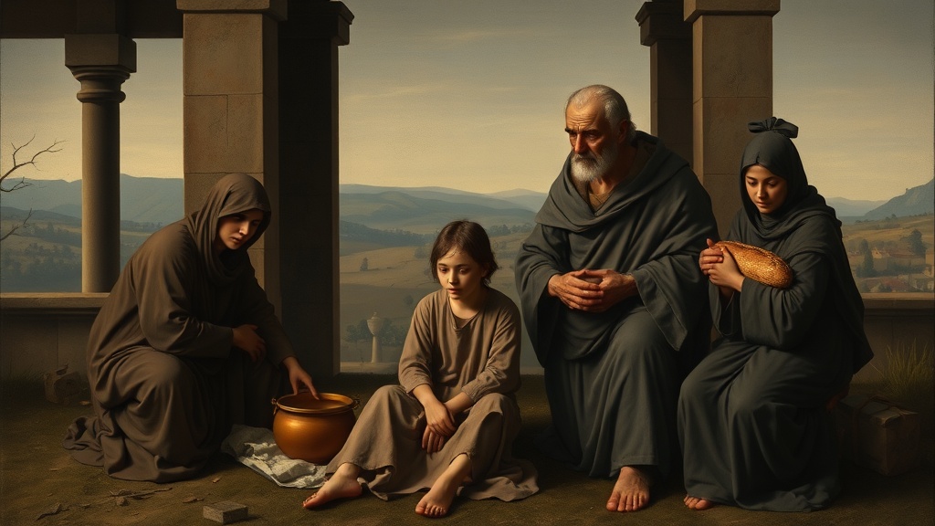 A contemplative, religiously resonant scene rendered in Renaissance style: an adolescent and a village elder in a quiet moment of exile and communal care