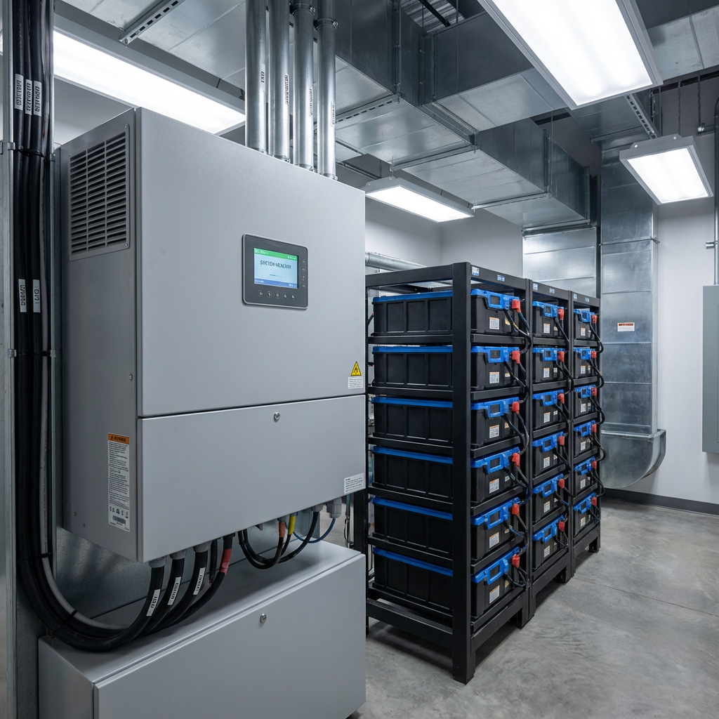 Photorealistic close-up of a commercial solar inverter and battery rack in a clean, climate-controlled equipment room, sha...
