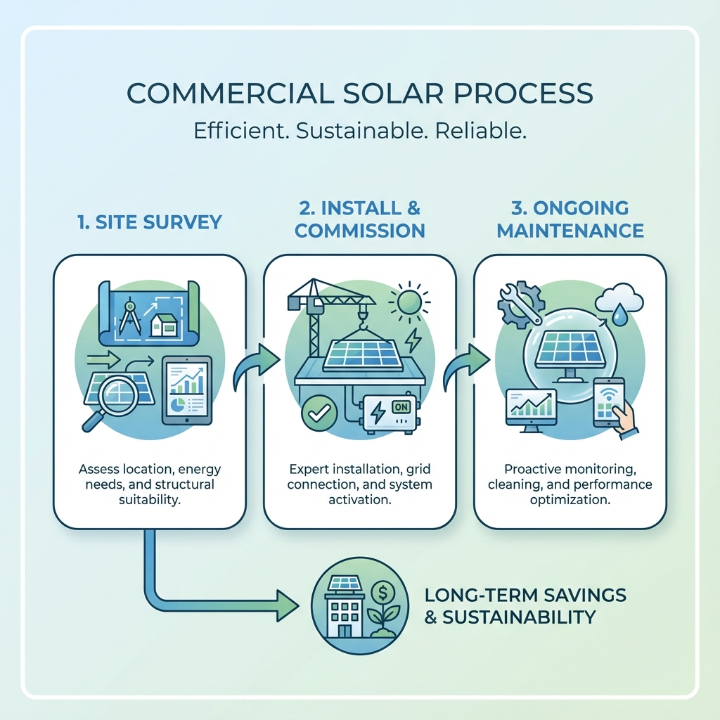 Clean infographic-style illustration showing a three-step commercial solar process: Site Survey, Install & Commission, Ong...