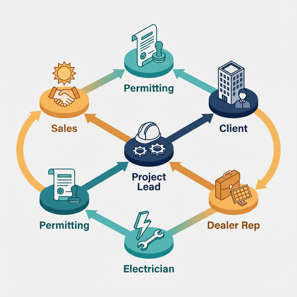 Isometric infographic-style diagram showing the communication workflow for a commercial solar project, with labeled nodes:...