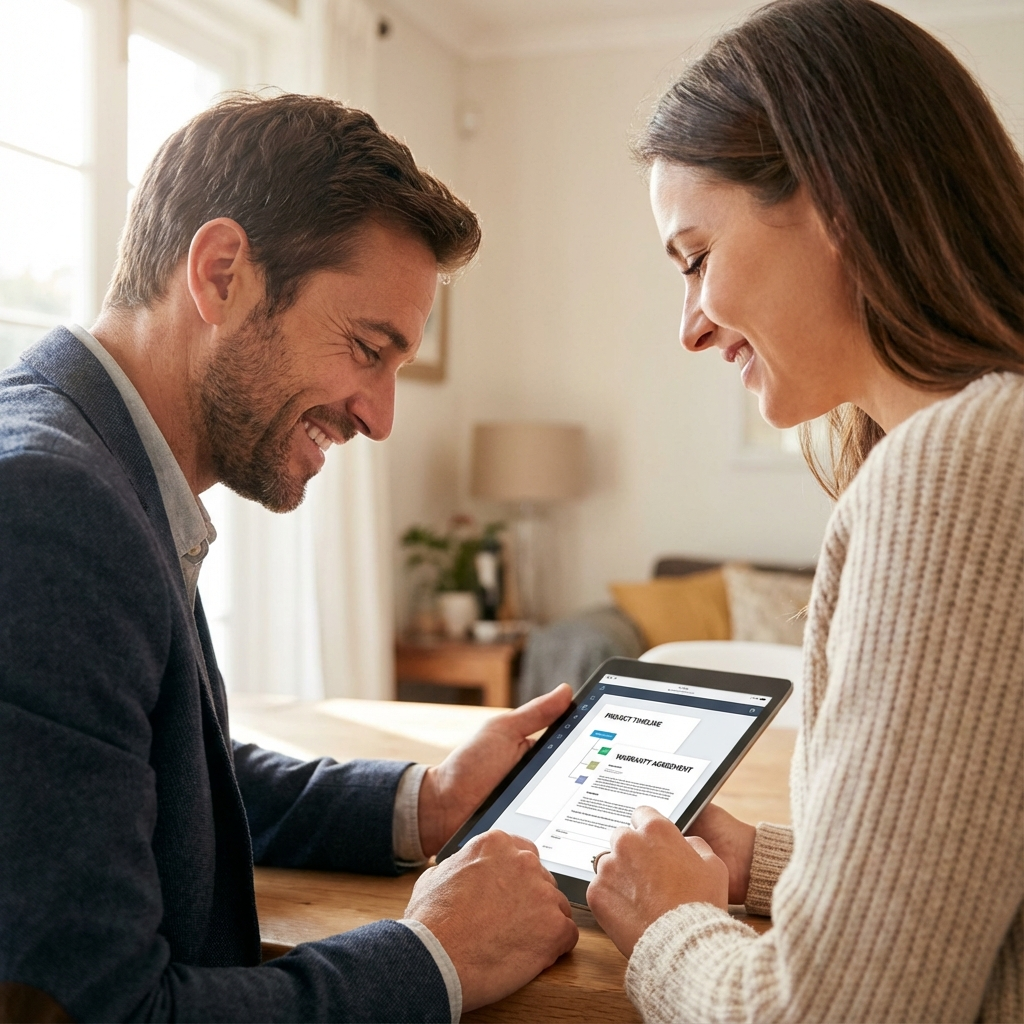 Close-up photo of a dealer meeting with a property owner, tablet showing timeline and warranty documents, friendly profess...