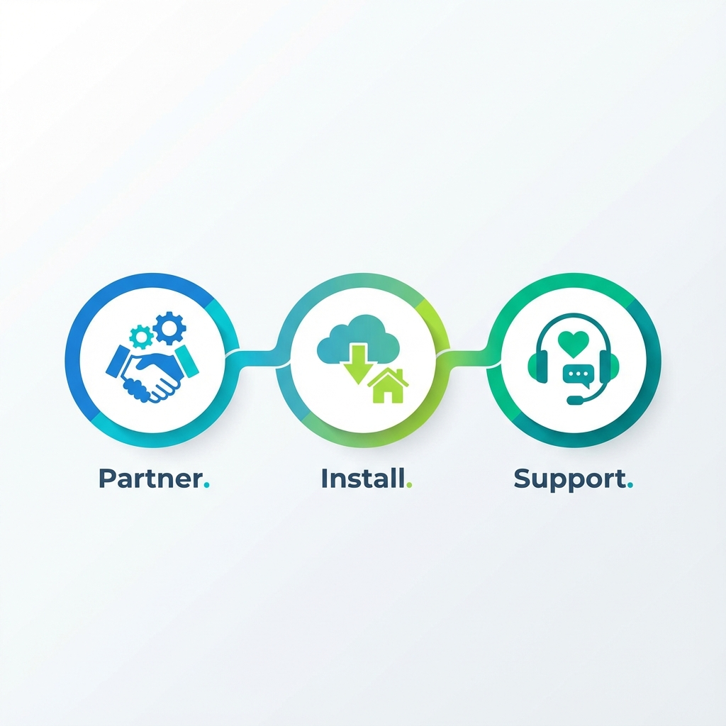 Independent Solar | Solar Dealer Program Arizona Join Independent Solar Team Now Modern infographic-style illustration showing three steps: Partner, Install, Support; clean flat design, vibrant blues and...